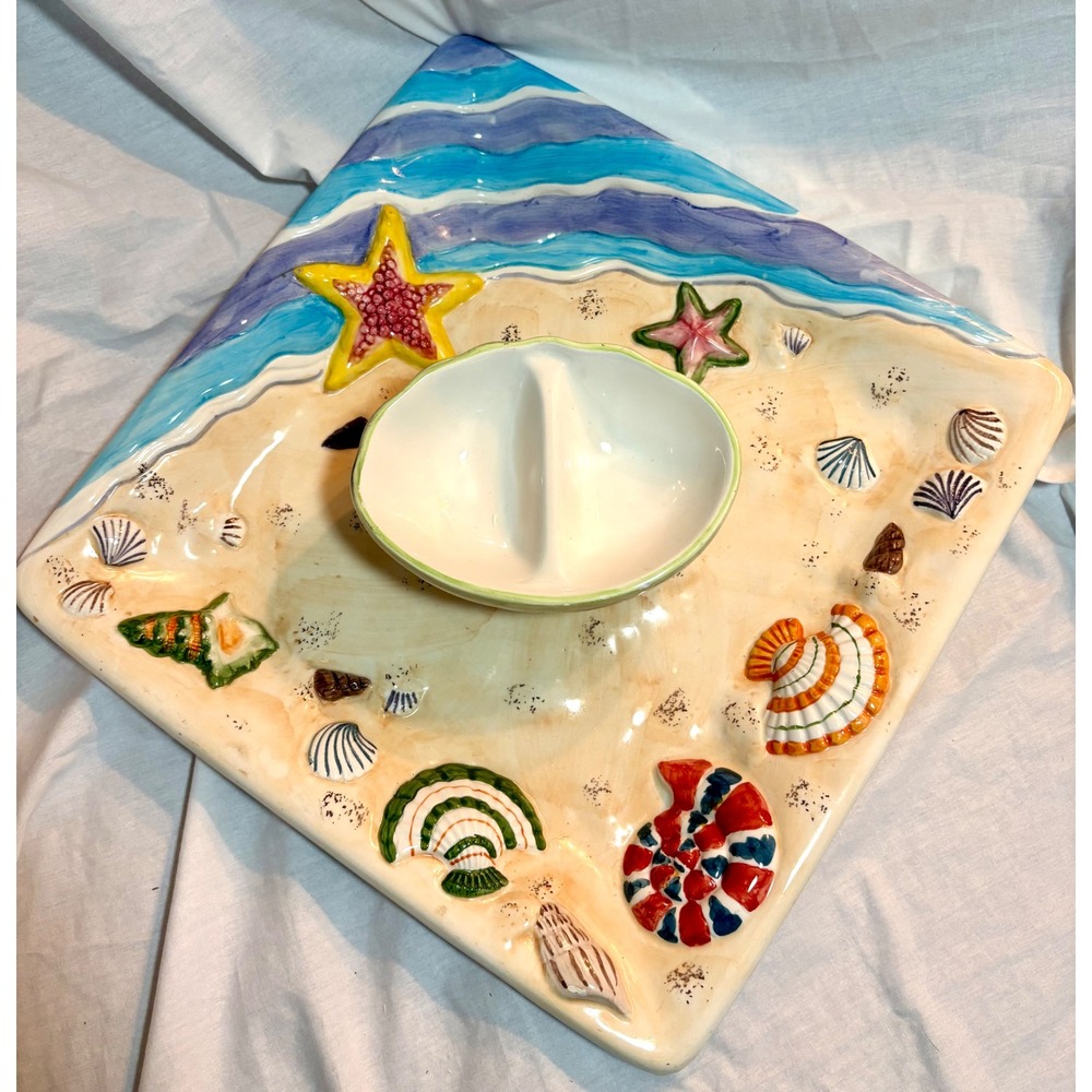 Vtg. World Bazaars Inc Ceramic Beach Chip and Dip Platter Seashell Starfish Tray